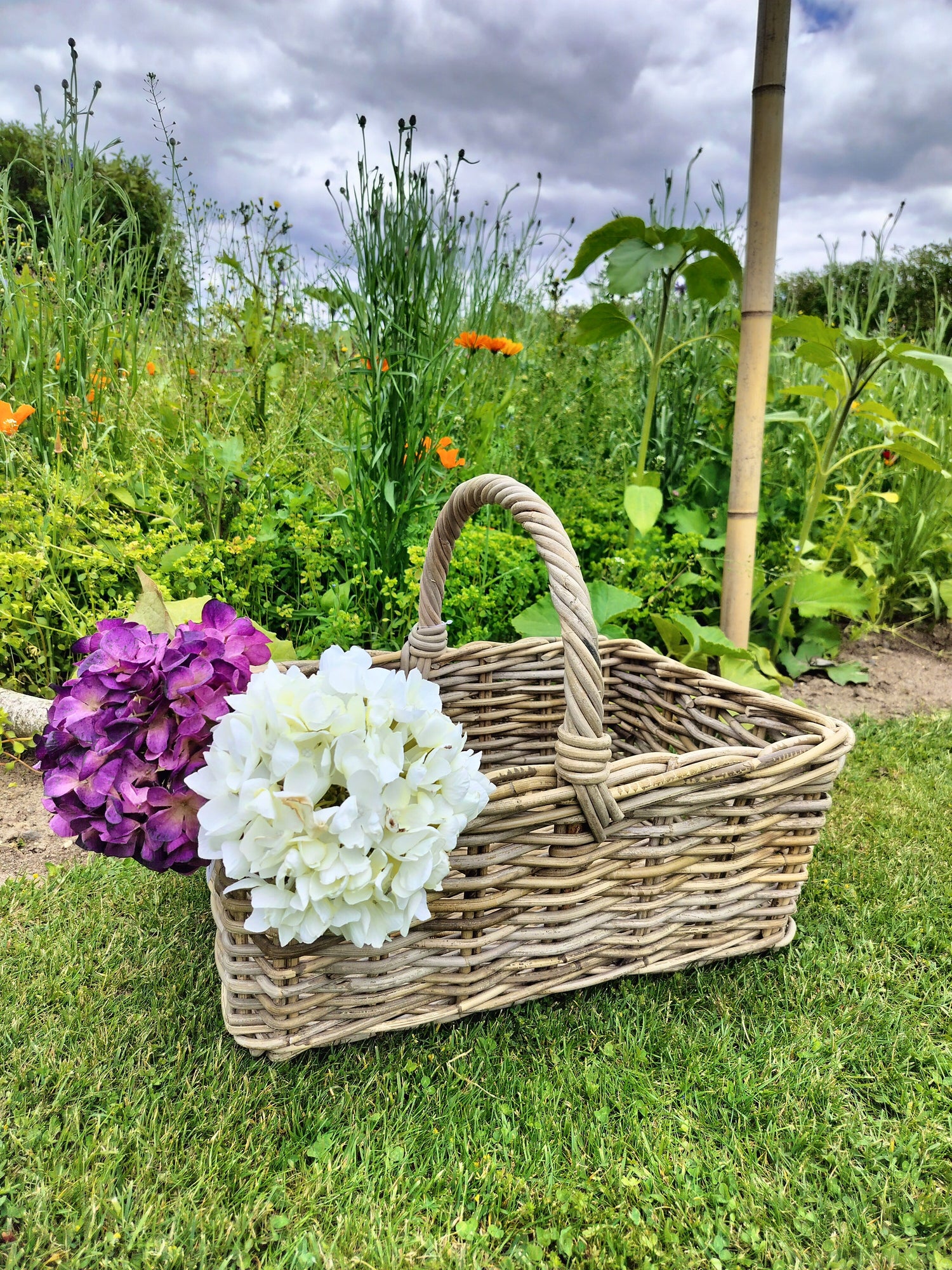 flettet rattan kurv med hank og høj kant