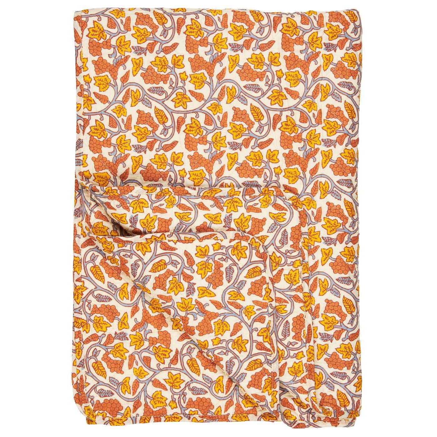 Ib Laursen - Quilt naturfarvet med grå, gule og orange vinranker 130 x 180 cm