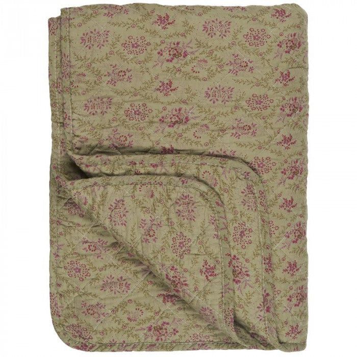 Ib Laursen -Quilt vattæppe - Oliven farve med grønne og cerise farvede blomster