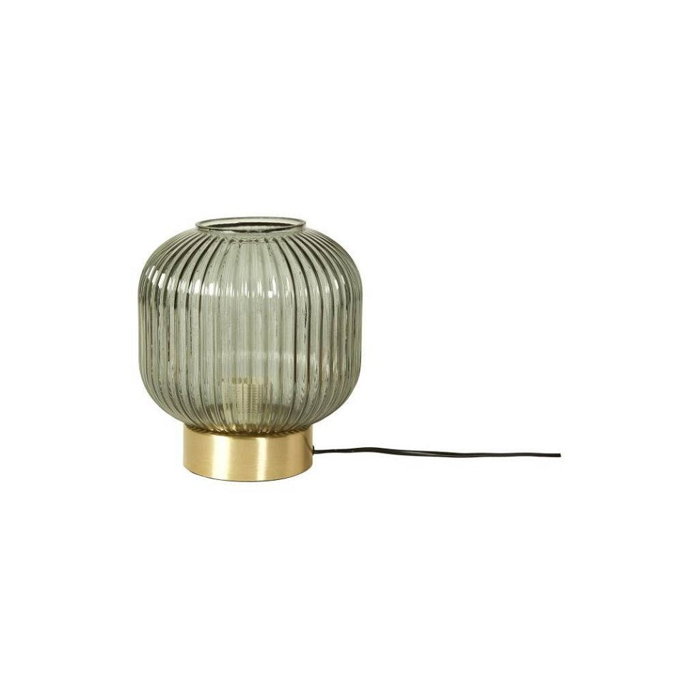 Bordlampe i grønt glas på messinglook fod.