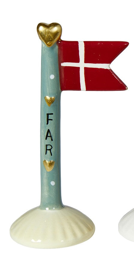 KERAMIK FLAG grøn med hvide prikker på gul fod med FAR i sort skrift
