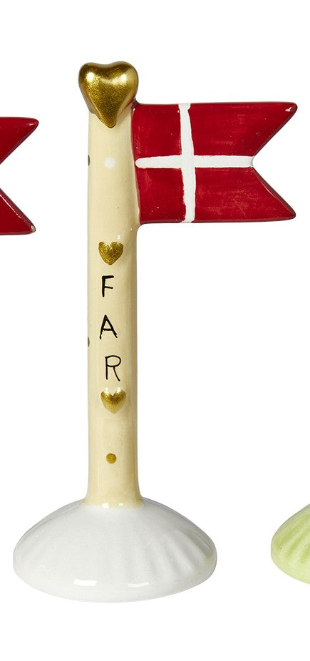 KERAMIK FLAG gul med hvide og guld prikker på hvid fod med FAR i sort skrift