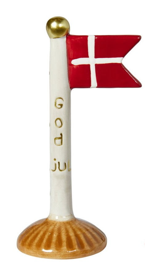 GOD JUL keramikflag i beige med guldfarvet prikker og tekst - på brun fod