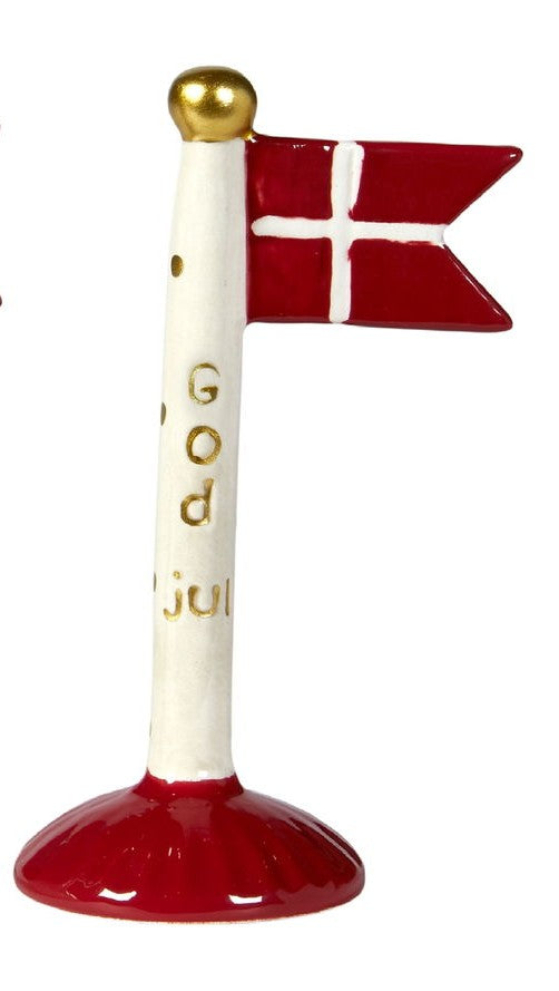 GOD JUL keramik flag i beige med guldfarvet prikker og tekst - på rød fod