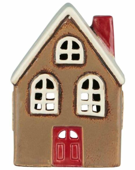 Ib Laursen - Hus til fyrfadslys Brun med råhvidt tag, hvide vinduer og rød dør, Stillenat