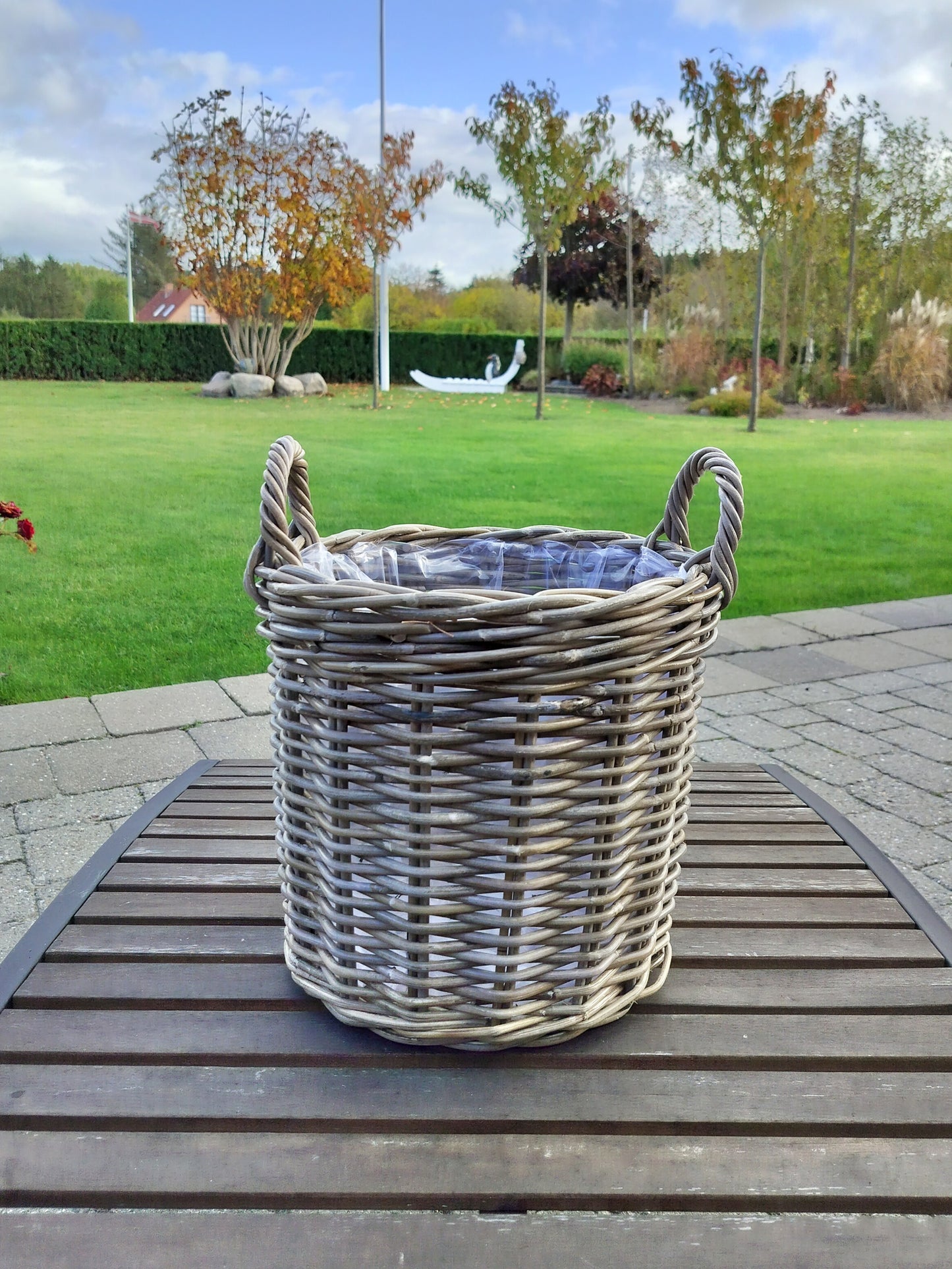 Plantekurv i grå flettet rattan Stor Ø 30 x H 30 cm