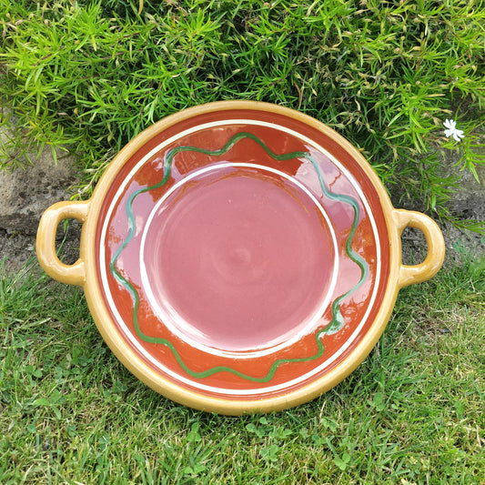 Secondhand - Lerfad med håndtag  Ø 25/30,5 cm og H 5,5/7 cm.