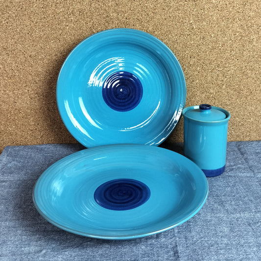 Secondhand - 2 stk. Blå tallerkner og 1 stk. Blå krukke