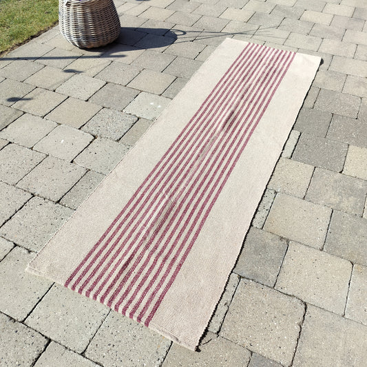 Gulvtæppe/løber af bomuld naturfarve med mørkerøde striber 80 x 250 cm