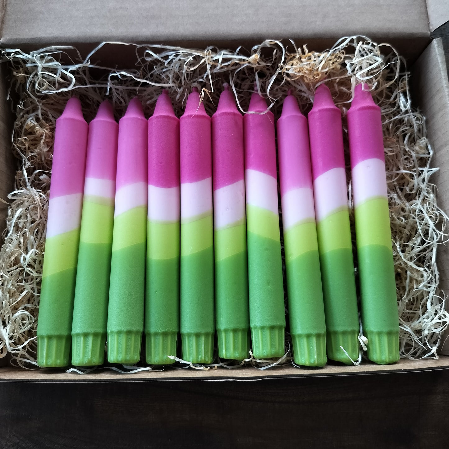 Stearinlys dip dye i pink, rosa og grønne nuancer