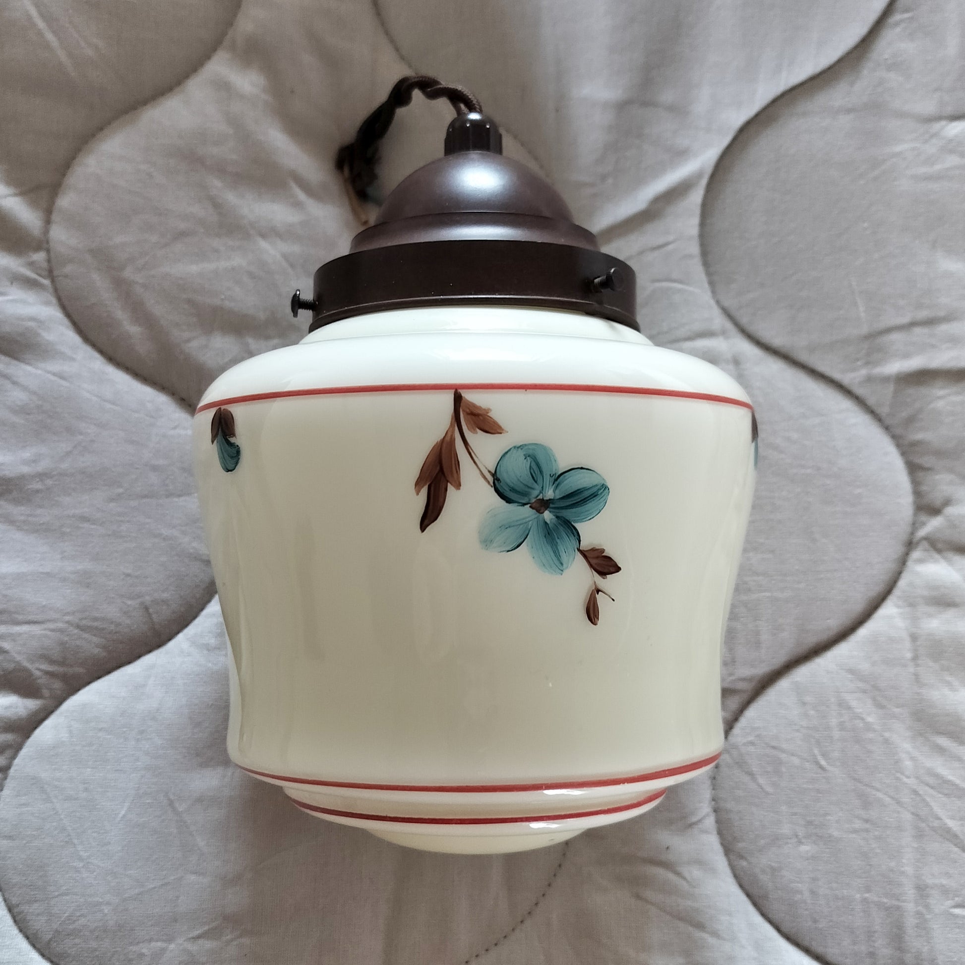 Secondhand - Retro glas lampe med blå blomster Ø 15 x H 19 cm