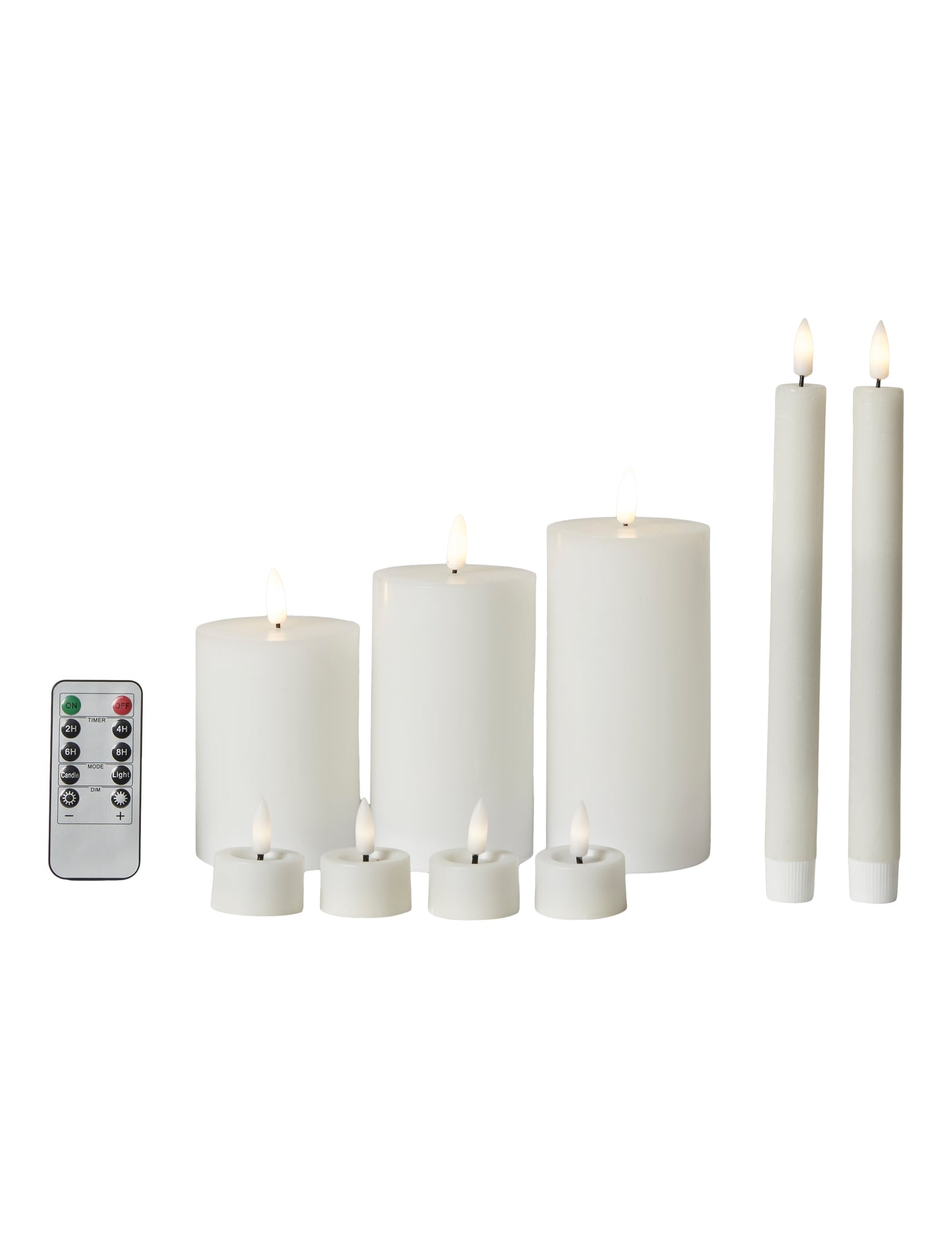 LED lys - sæt med 9 stk hvide LED lys 3 bloklys, 2 stagelys, 4 fyrfadslys + remote