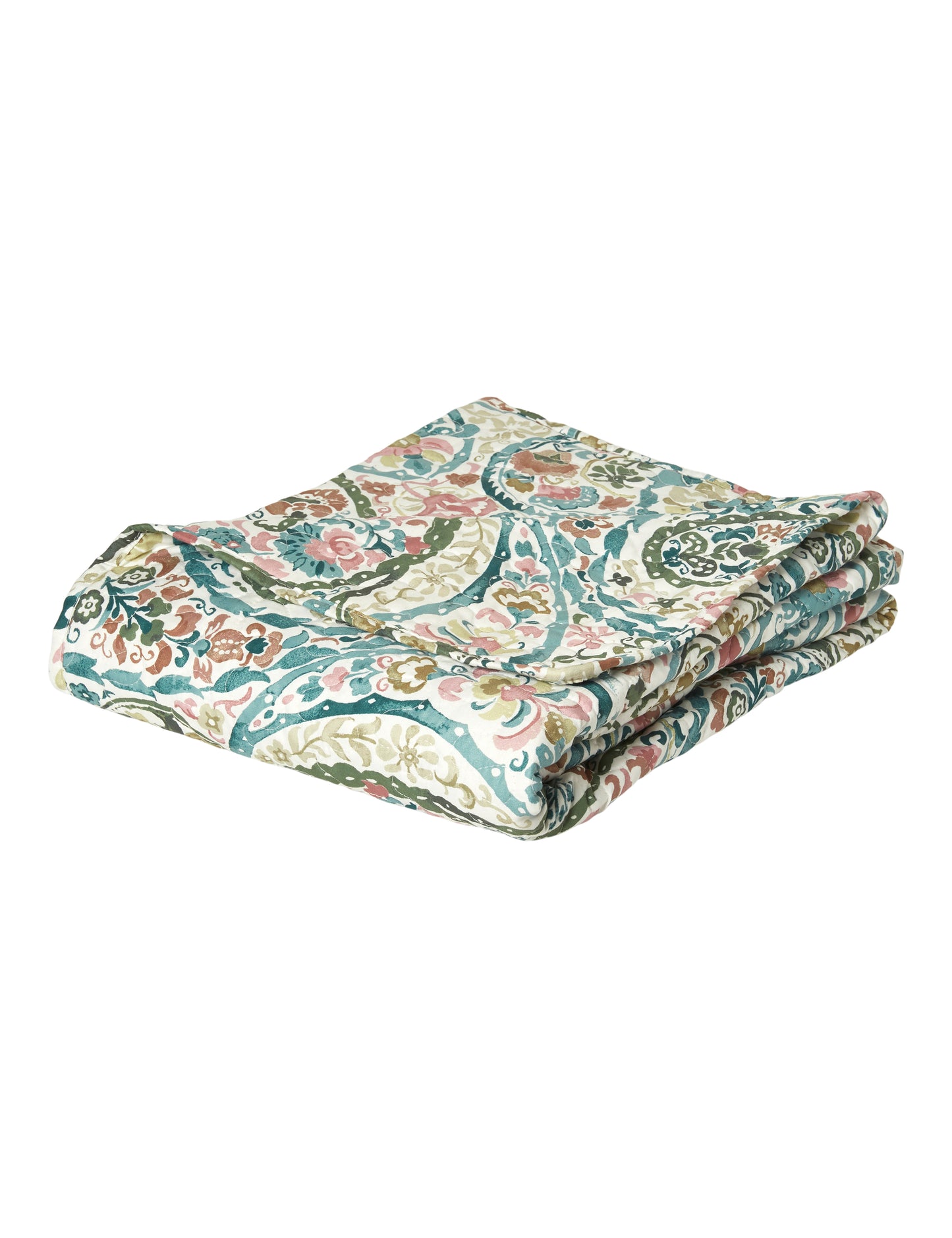 Quiltet plaid - Paisley mønstret i støvgrøn og rosa 130x170 cm