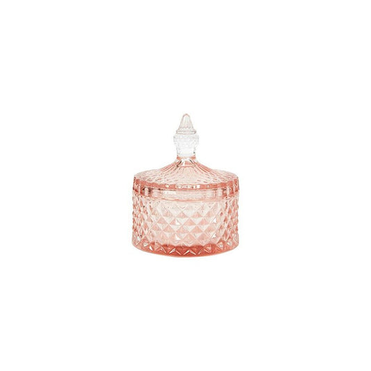 Speedtsberg - Lille rosafarvet glaskrukke med låg i harlekin mønster 11 x 14 cm