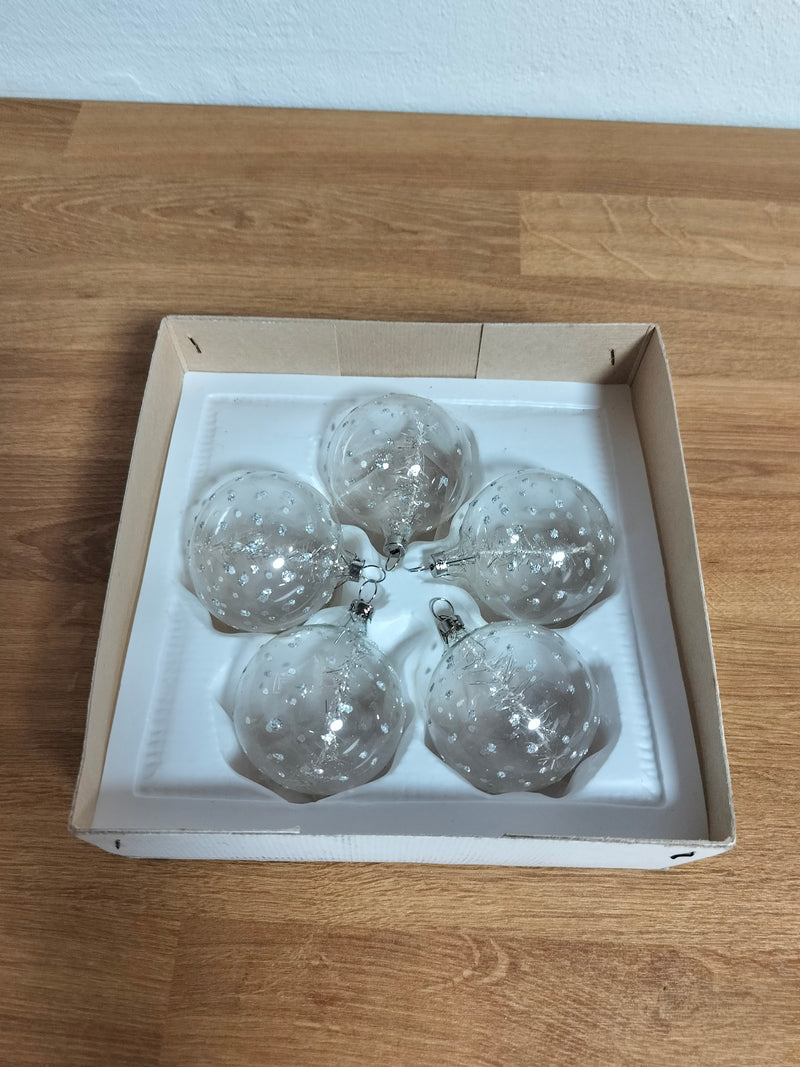 Julekugler i klart glas med sølvprikker, 5 stk. i æske