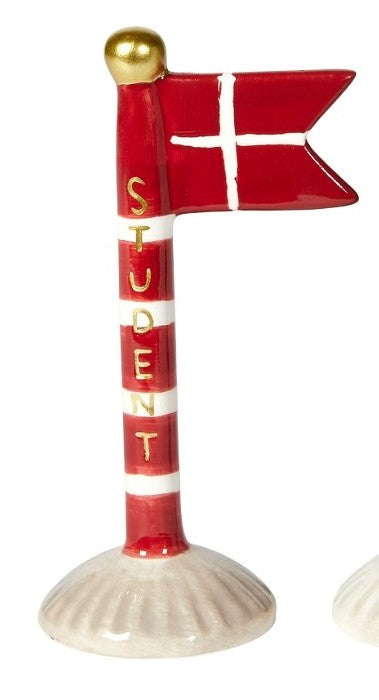 keramik flag rød/hvis stribet med guldskrift: student,