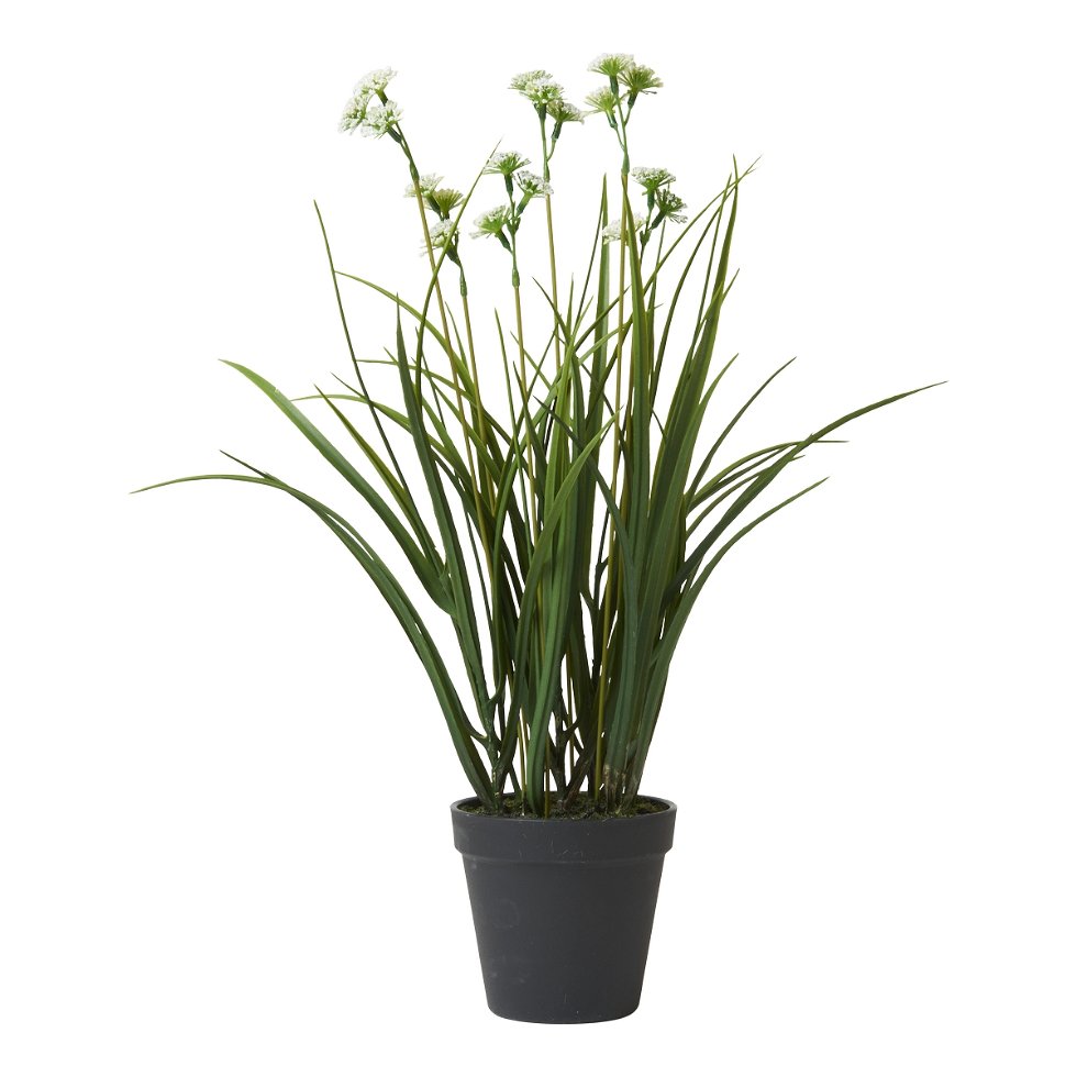 kunstig græs med blomster i potte
