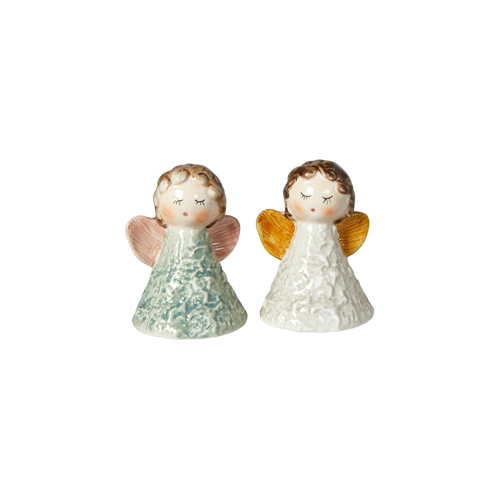 Små håndmalede engle i keramik Grøn/råhvid– sæt med 2 stk.  H 8 cm
