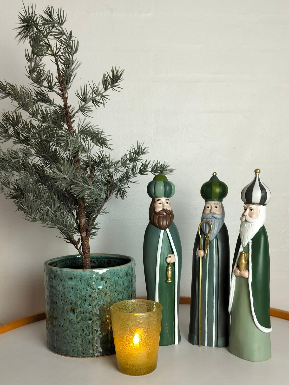 De 3 vise mænd figurer H 30 cm, grøn, 3 stk. (hellig 3 konger)