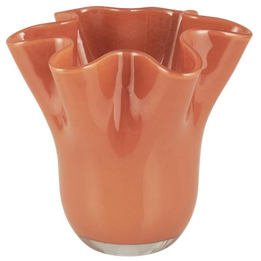 Vase i mundblæst glas med foldet kant og dekorativ Poppy-form koralfarvet UNIKA