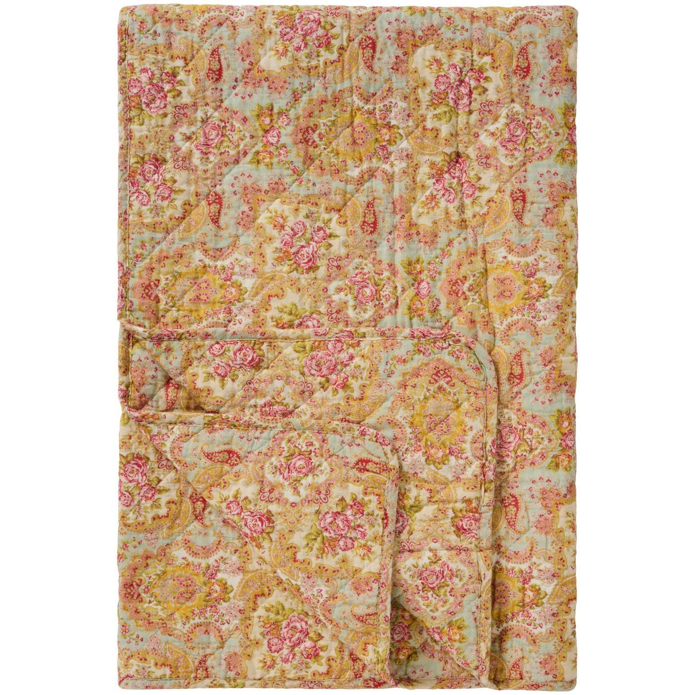 Ib Laursen - Quilt støvblå med lyserødt, rødt, grønt, gult paisley og blomstermønster