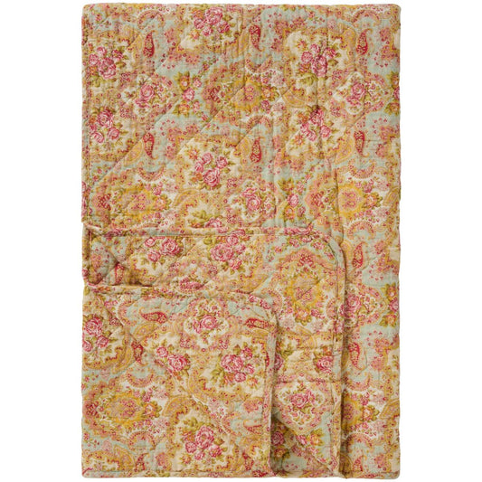 Ib Laursen - Quilt støvblå med lyserødt, rødt, grønt, gult paisley og blomstermønster