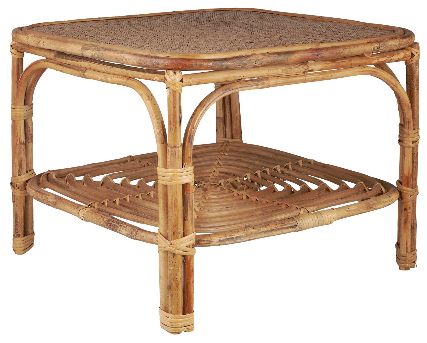 Sofabord med flette bordplade og hylde af rattan