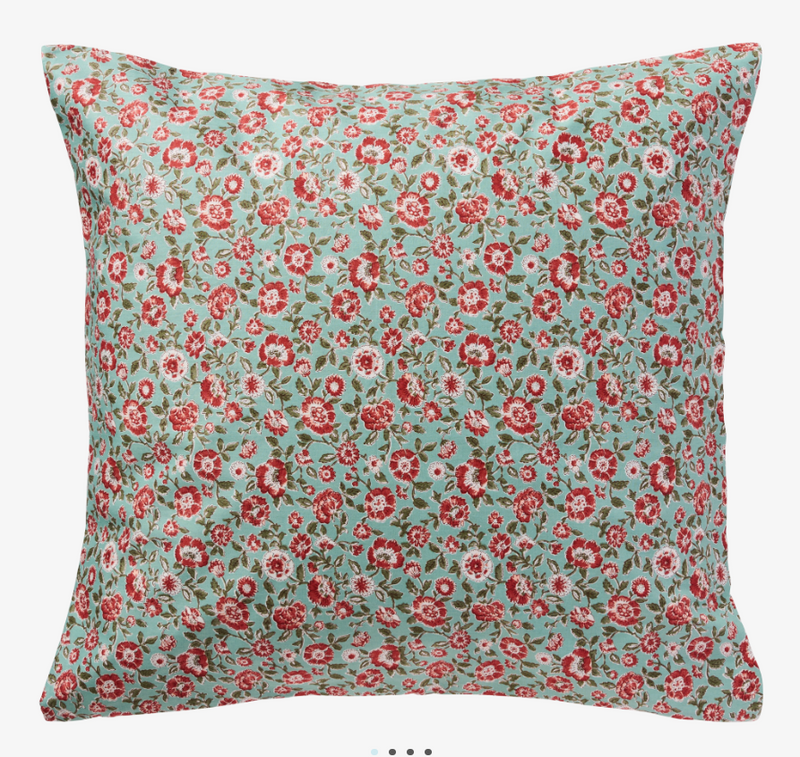 Pudebetræk blågrøn med rustfarvede blomster 60 x 60 cm