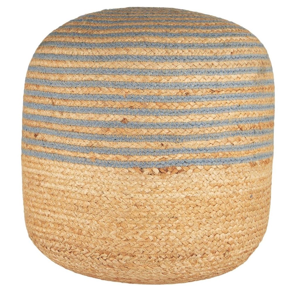Ib Laursen Rund jute puf med blå bomulds striber Ø 40 x H 40 cm