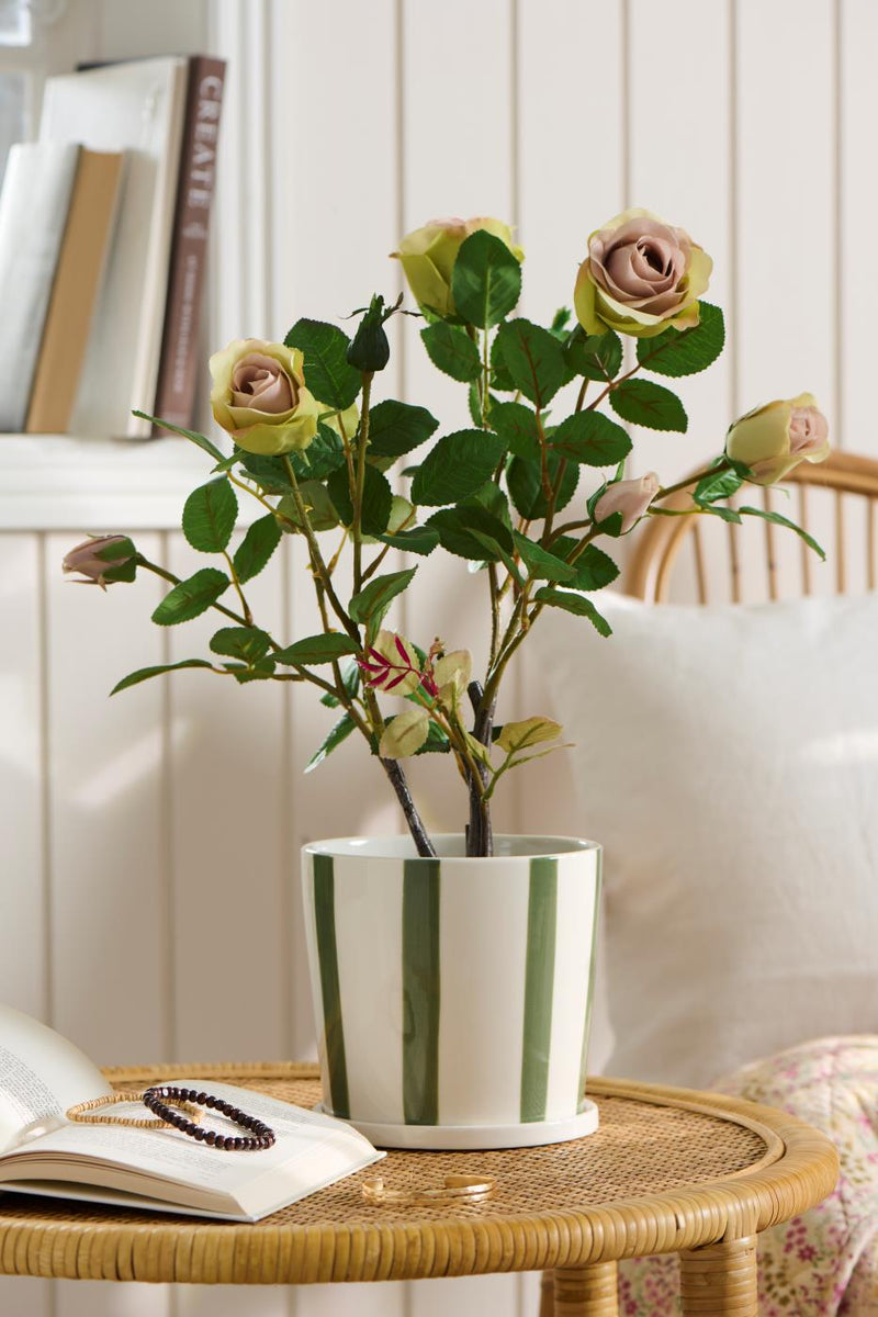 Rose med 5 blomster og 4 knopper i potte (Kunstig)