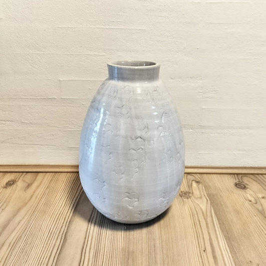 Krukke rustik med mønster og hvid glasur udvendig H 32 cm