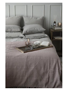 Ib Laursen - Sengetæppe Malva med creme striber og frynser 240 x 240 cm