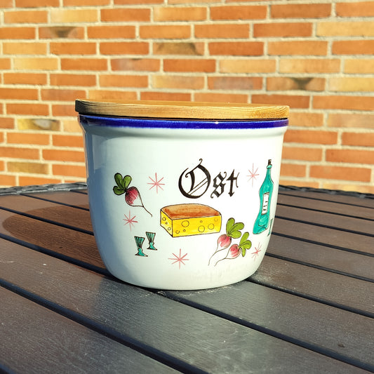 Secondhand - Knabstrup osteklokke med trælåg Ø18,3 x H 14,7 cm