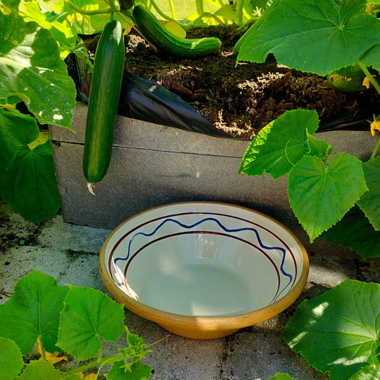Secondhand - Lerfad glaseret og dekoreret indvendig Ø 32 cm x H 10,5 cm