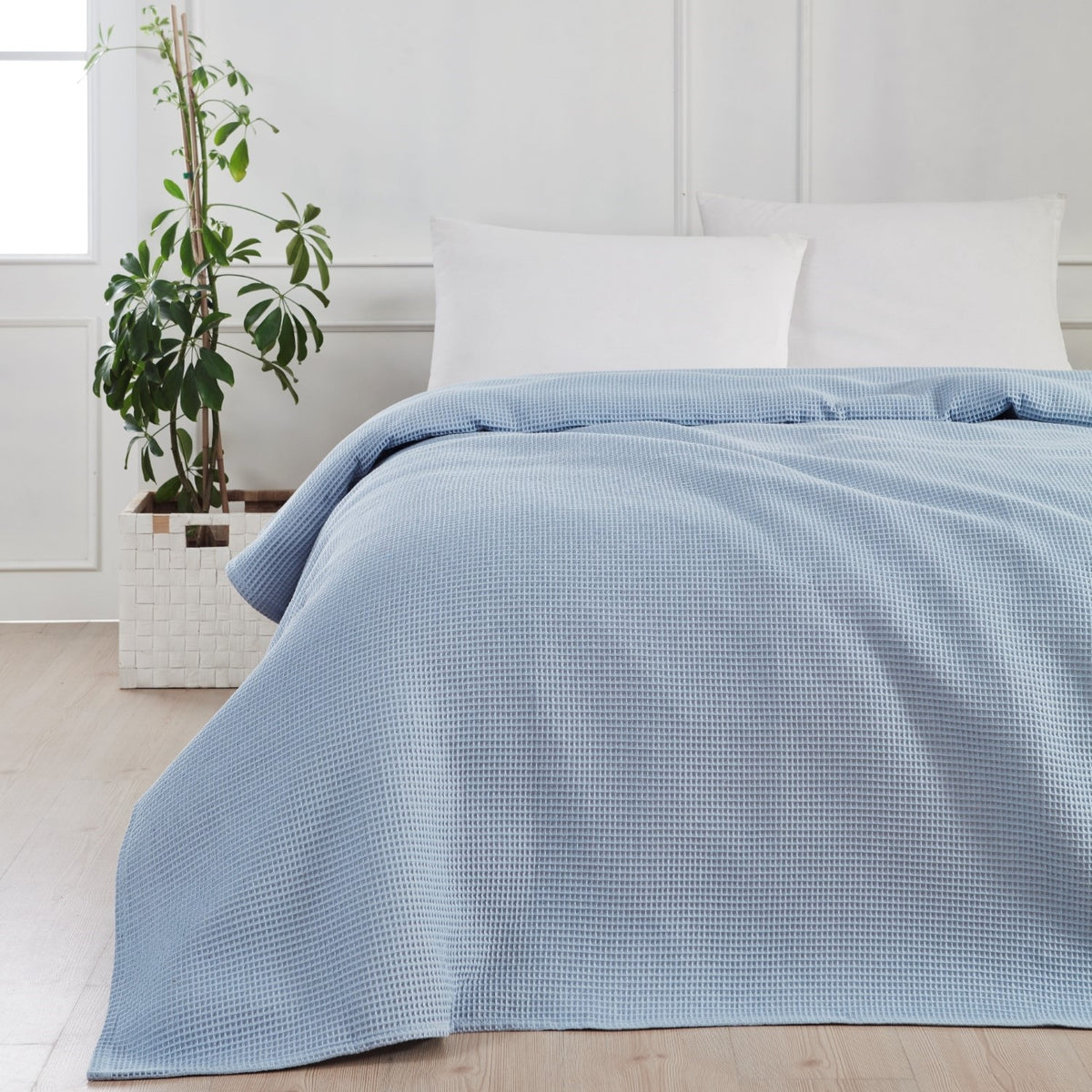 bySKAGEN Waffle sengetæppe i bomuld, blå, 240x260 cm