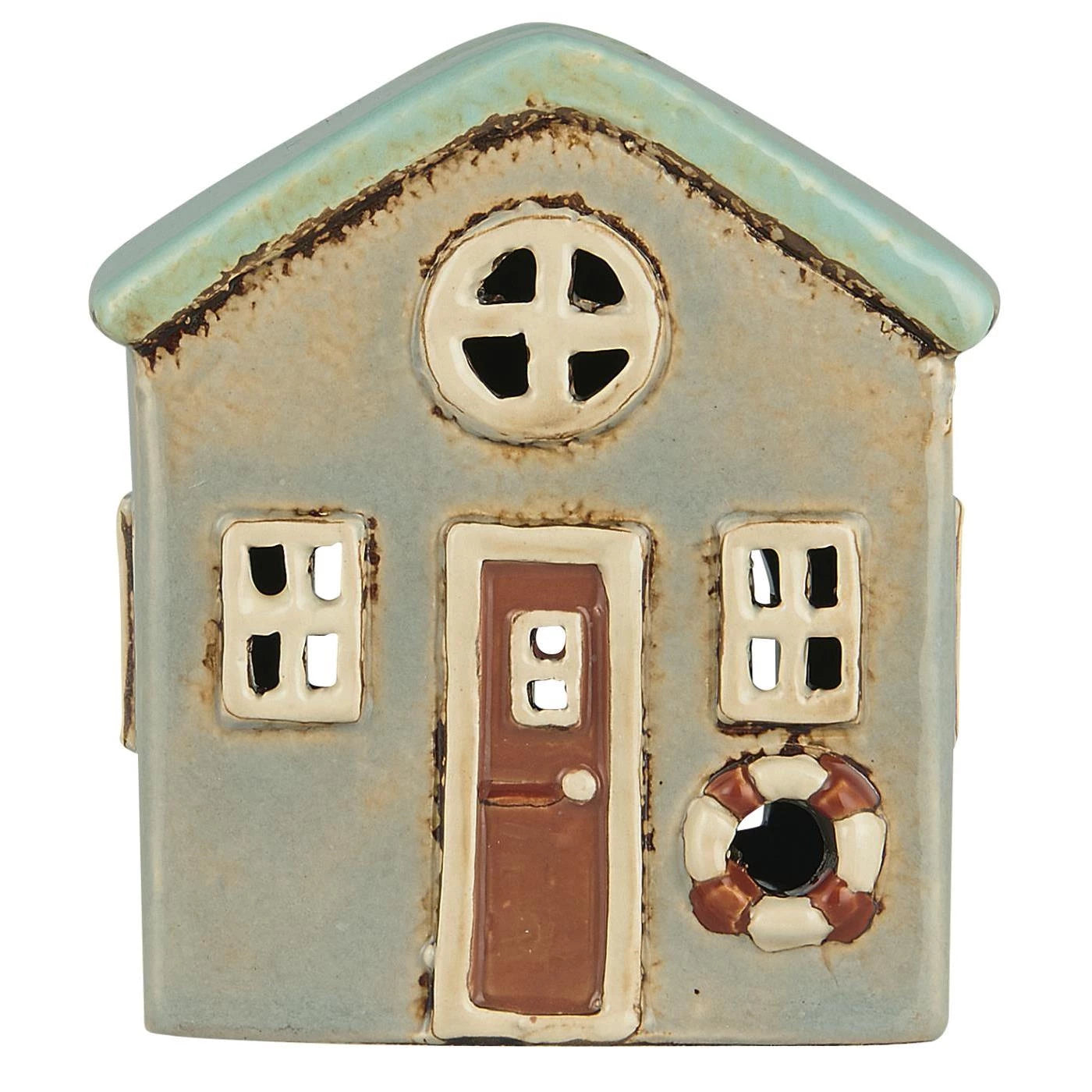 Hus til fyrfadslys grålig med mintgrønt tag B 8 x B 7,5 x H 10 cm