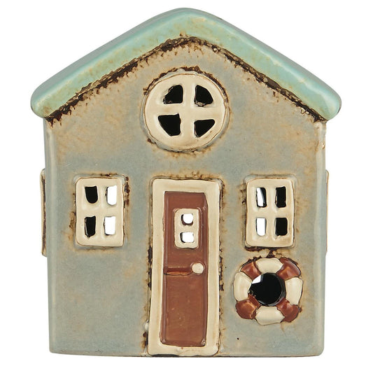 Hus til fyrfadslys grålig med mintgrønt tag B 8 x B 7,5 x H 10 cm