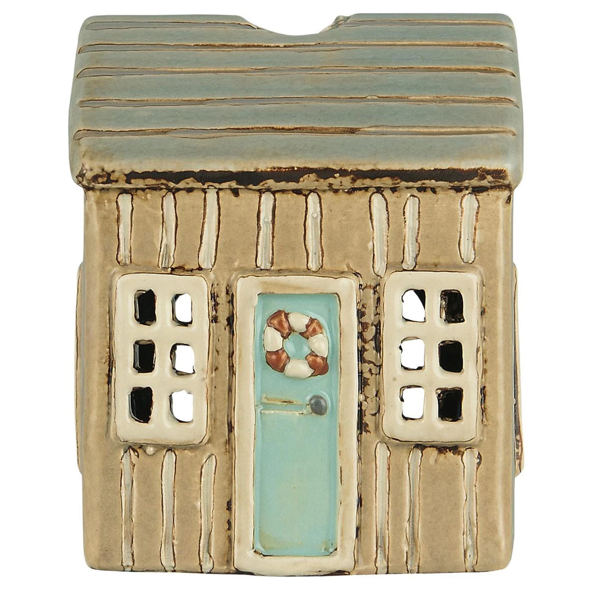 Ib Laursen - Hus til fyrfadslys Beige med turkis dør B 8 x D 7,5 x H 10 cm