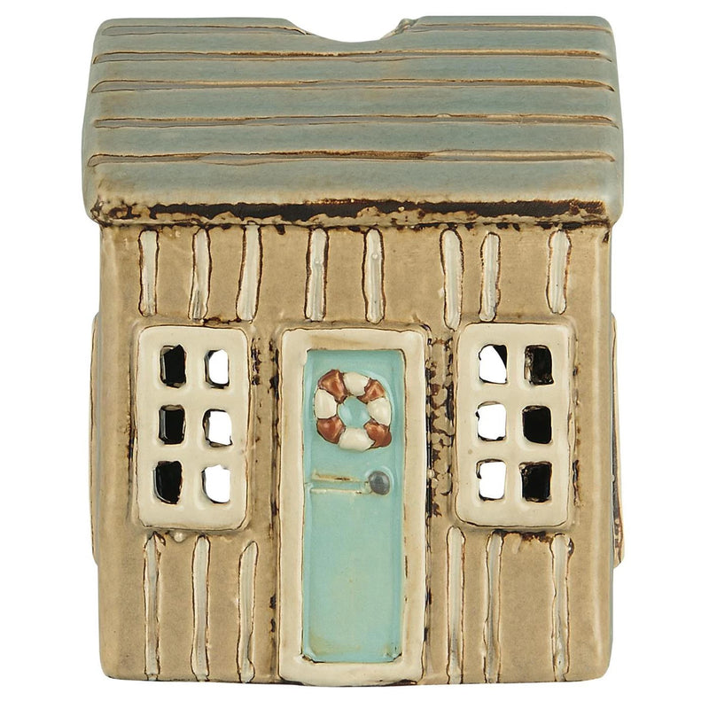 Ib Laursen - Hus til fyrfadslys Beige med turkis dør B 8 x D 7,5 x H 10 cm
