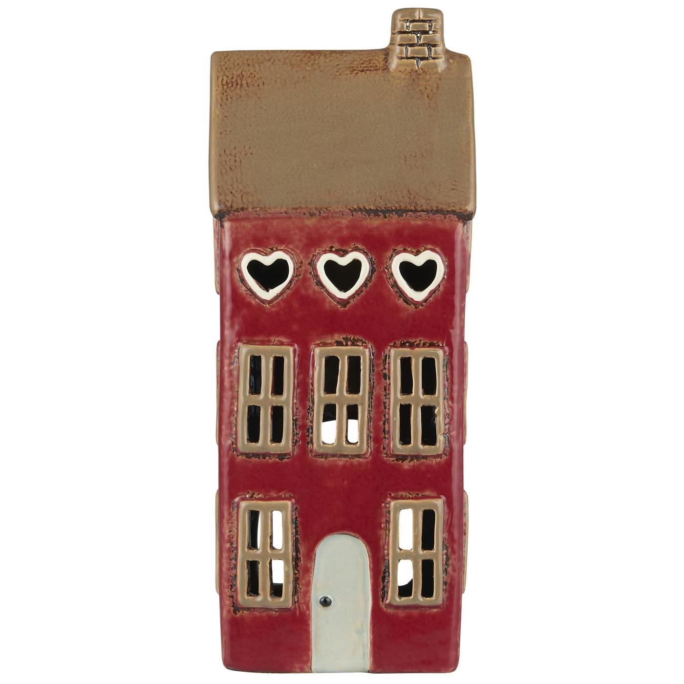 Ib Laursen - Lyshus rød med brunt tag, hvid dør og 3 hvide hjerter