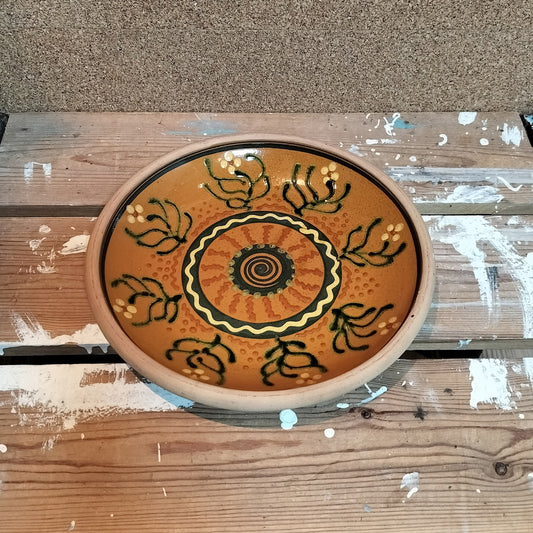 Secondhand - Lerfad dekoreret og glaseret indvendig  Ø 25 x H 4 cm.