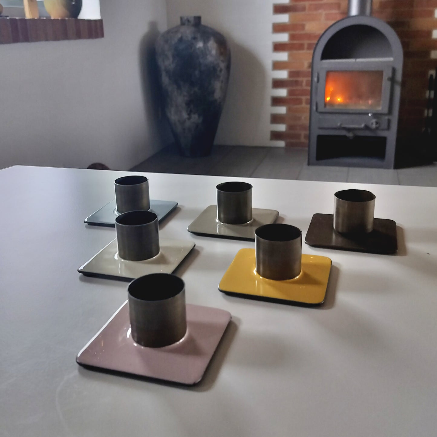 Secondhand - Lot med 5 stk. lysestager i forskellige farver til 3,8 cm lys