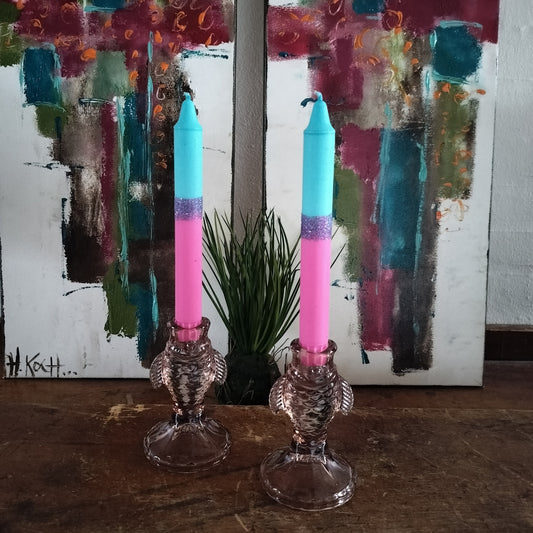 Stearinlys dip dye i turkis og pink farve + glimmer - sæt à 2 stk