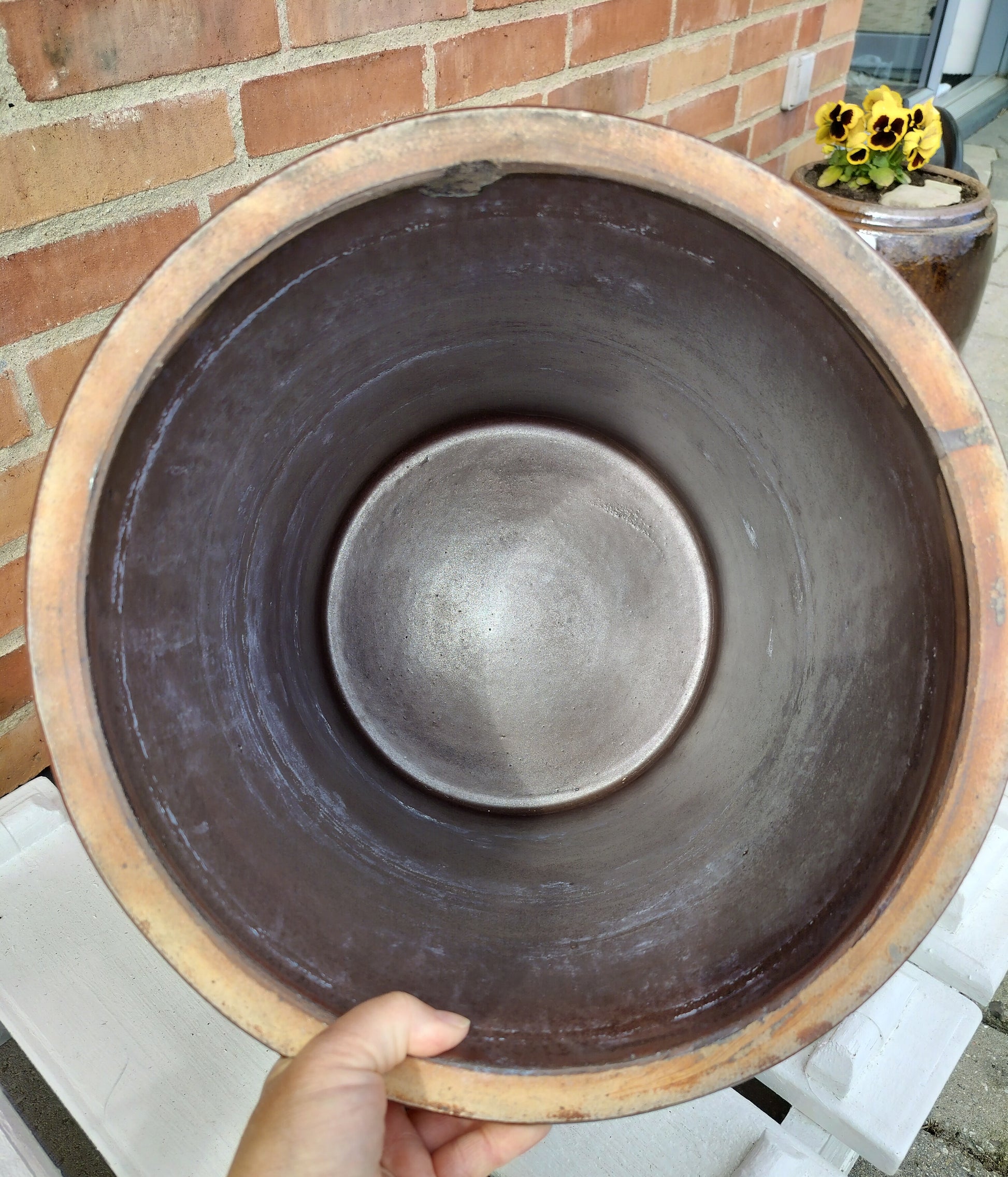 Secondhand - Stor tysk syltekrukke med ører 20L (Ø 33,5 x H 35,5 cm), indvendige brugsspor
