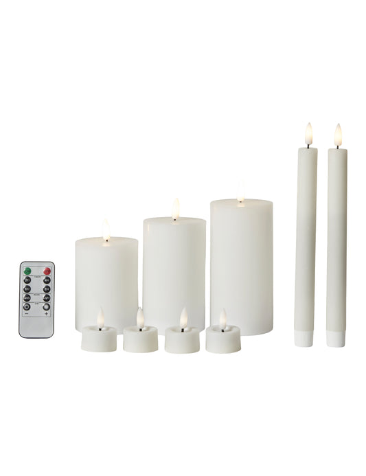 LED lys - sæt med 9 stk hvide LED lys  3 bloklys, 2 stagelys, 4 fyrfadslys + remote